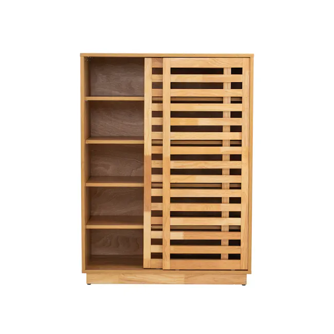 Keita Shoe Cabinet - Oak - 10 - Wooden shelving unit with slatted design, minimalist design, light wood finish, empty