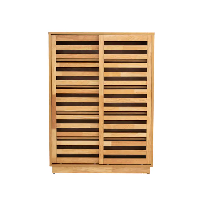 Keita Shoe Cabinet - Oak - 1 - Wooden slatted sideboard, light wooden finish, horizontal slats, natural wood texture