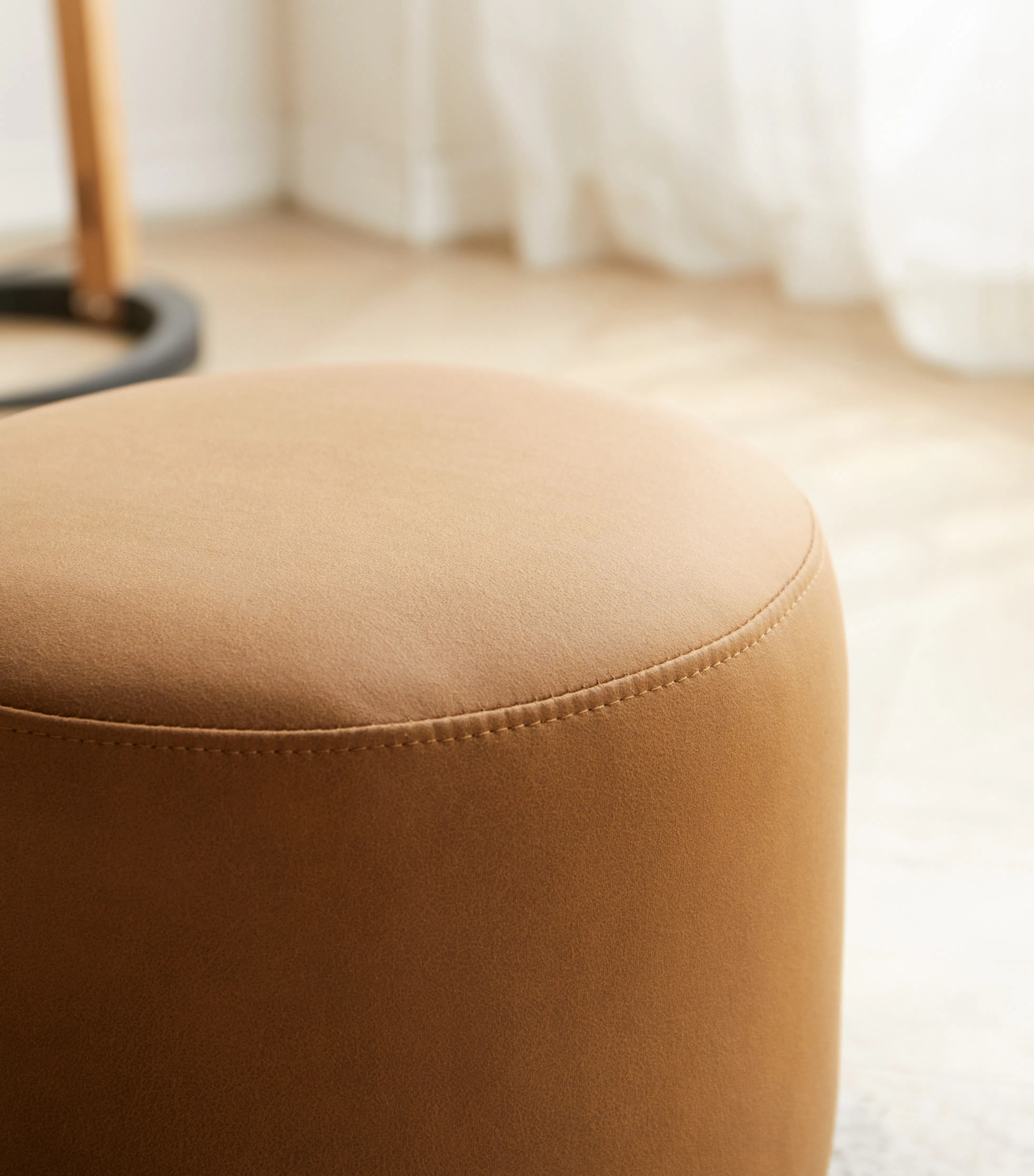 Niyo Stool - Tan - 10 - Smooth, brown, cushioned, round, upholstered, fabric, leather, leather-like, leather surface