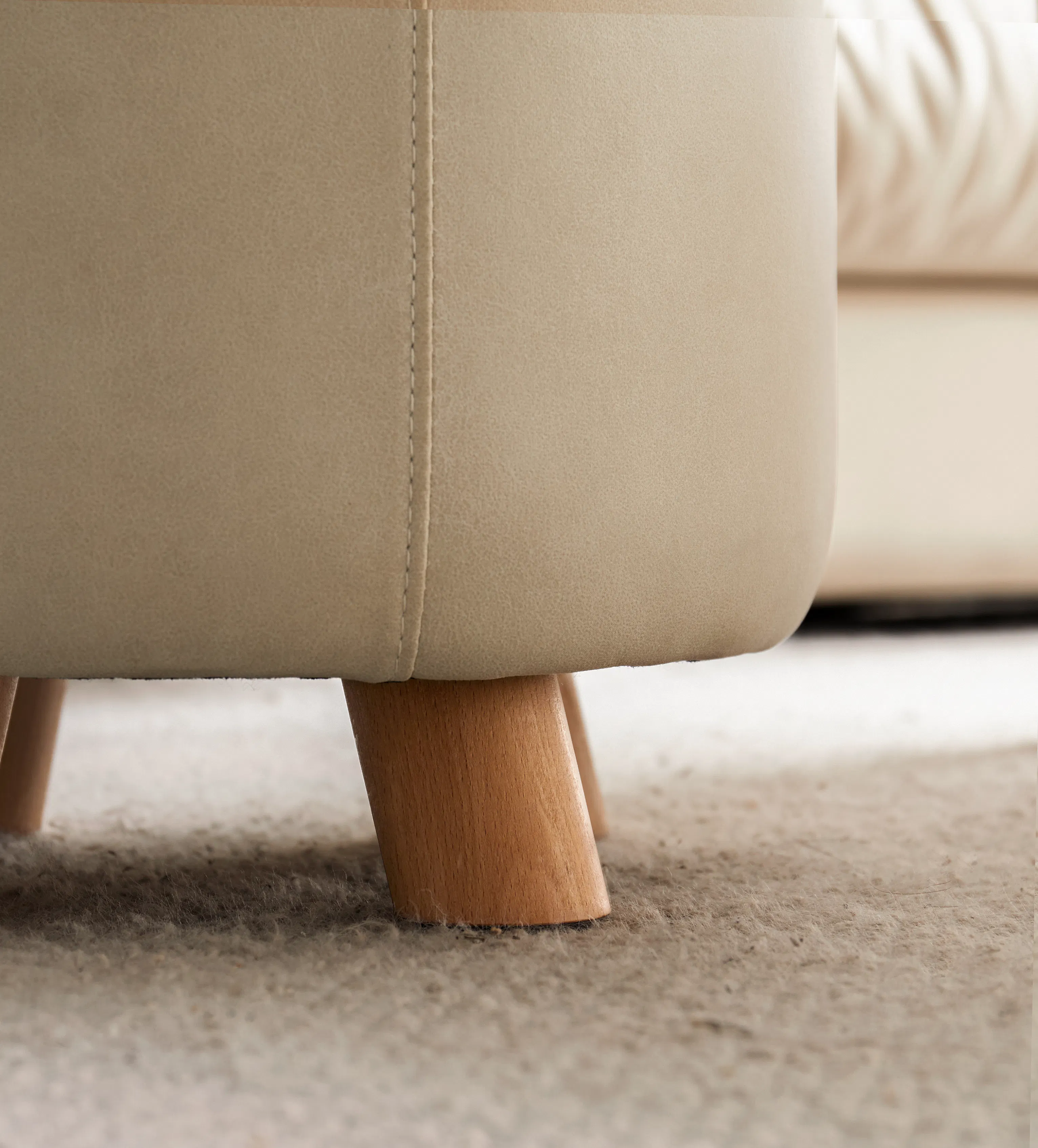 Niyo Stool - Tan - 11 - Beige upholstered chair, wooden legs, soft fabric, minimalist design, natural wood grain, smooth