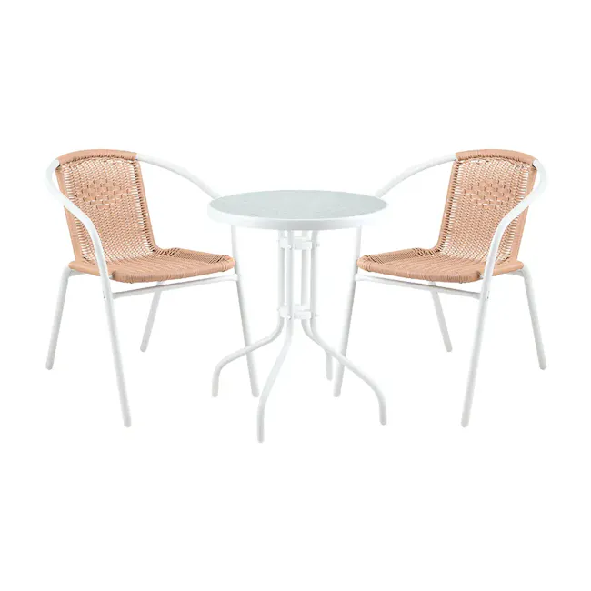 Tatum Outdoor Set - 1 - Woven chair, white table, two chairs, rattan seat, metal legs, outdoor furniture, minimalist design