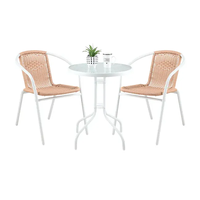 Tatum Outdoor Set - 2 - Woven chair, white table, two chairs, rattan chairs, white metal legs, round table, minimalist