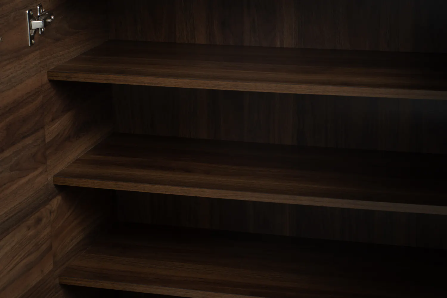 Sandra Shoe Cabinet - Walnut - 11 - Wooden shelf, dark wood texture, minimalist design, empty shelves, sleek finish