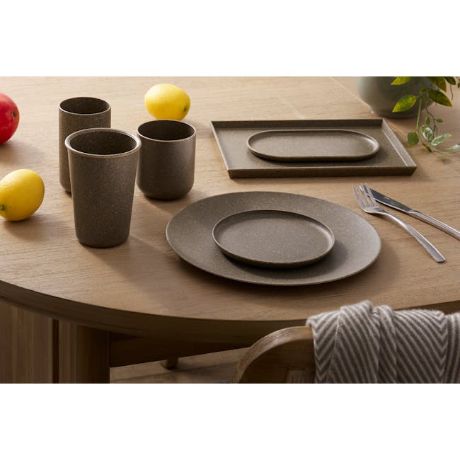 Sonite Husk Round Tray - Charcoal - 2 - Table setting, modern design, rustic style, wooden table, gray plates, stainless