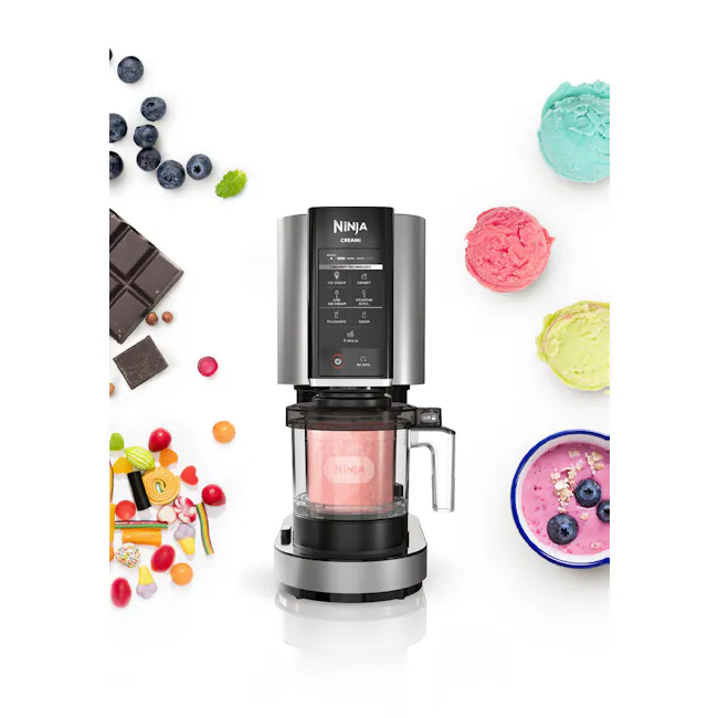Ninja Creami Ice Cream Maker - 2 - Ninja blender, colorful ingredients, ice cream machine, chocolate bar, mint leaf, pink