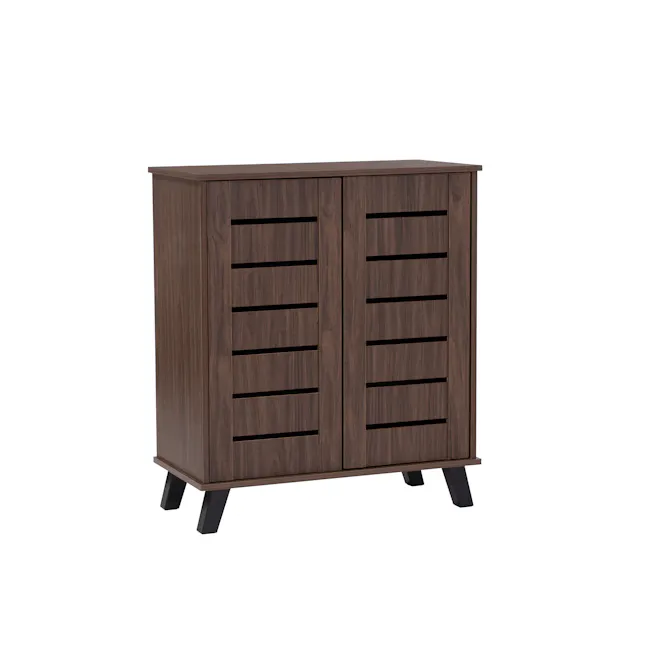 Issoria 2 Door Shoe Cabinet - 1 - Dark wood cabinet with slatted doors, minimalist design, modern aesthetic, sleek lines