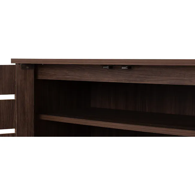 Issoria 2 Door Shoe Cabinet - 9 - Wooden shelf, dark wood finish, metal hinges, drawer, open shelf, empty shelves