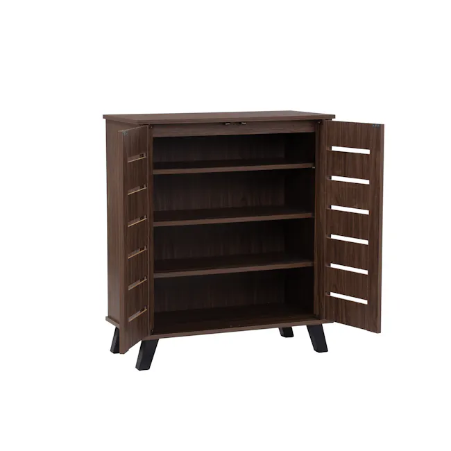 Issoria 2 Door Shoe Cabinet - 2 - Wooden desk with open shelves, minimalist design, dark wood finish, open cabinet doors