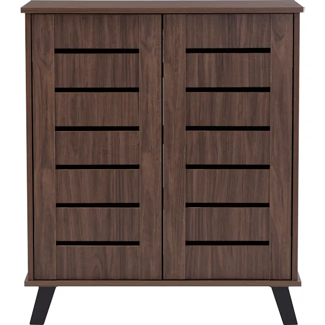 Issoria 2 Door Shoe Cabinet - 3 - Wooden cabinet with horizontal slats, dark brown finish, minimalist design, open and