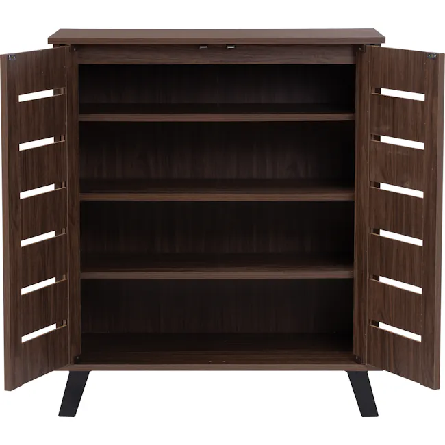 Issoria 2 Door Shoe Cabinet - 4 - Wooden shelf with open doors, dark brown finish, vertical slats, minimalist design, empty