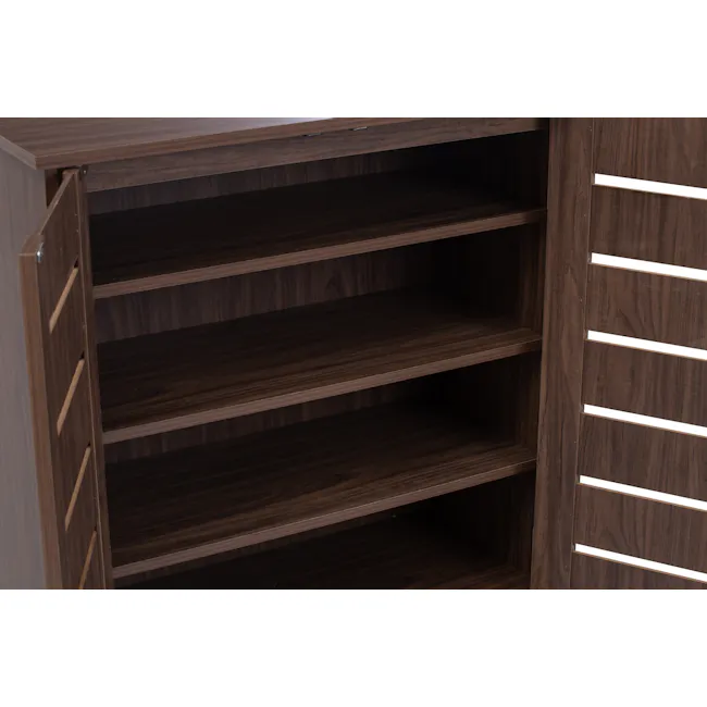 Issoria 2 Door Shoe Cabinet - 8 - Wooden bookshelf with open doors, dark wood finish, empty shelves, minimalist design