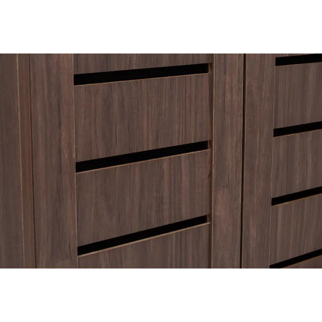Issoria 2 Door Shoe Cabinet - 7 - Wooden panel, vertical slats, natural wood grain, texture, rich brown color, polished