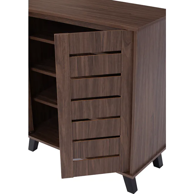 Issoria 2 Door Shoe Cabinet - 5 - Wooden cabinet with open shelves, dark brown finish, minimalist design, open storage