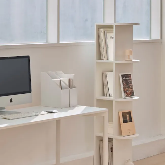 Andy 4 Tier Bookshelf 0.4m - 3 - White minimalist workspace, modern desk with Apple computer, ergonomic keyboard and mouse