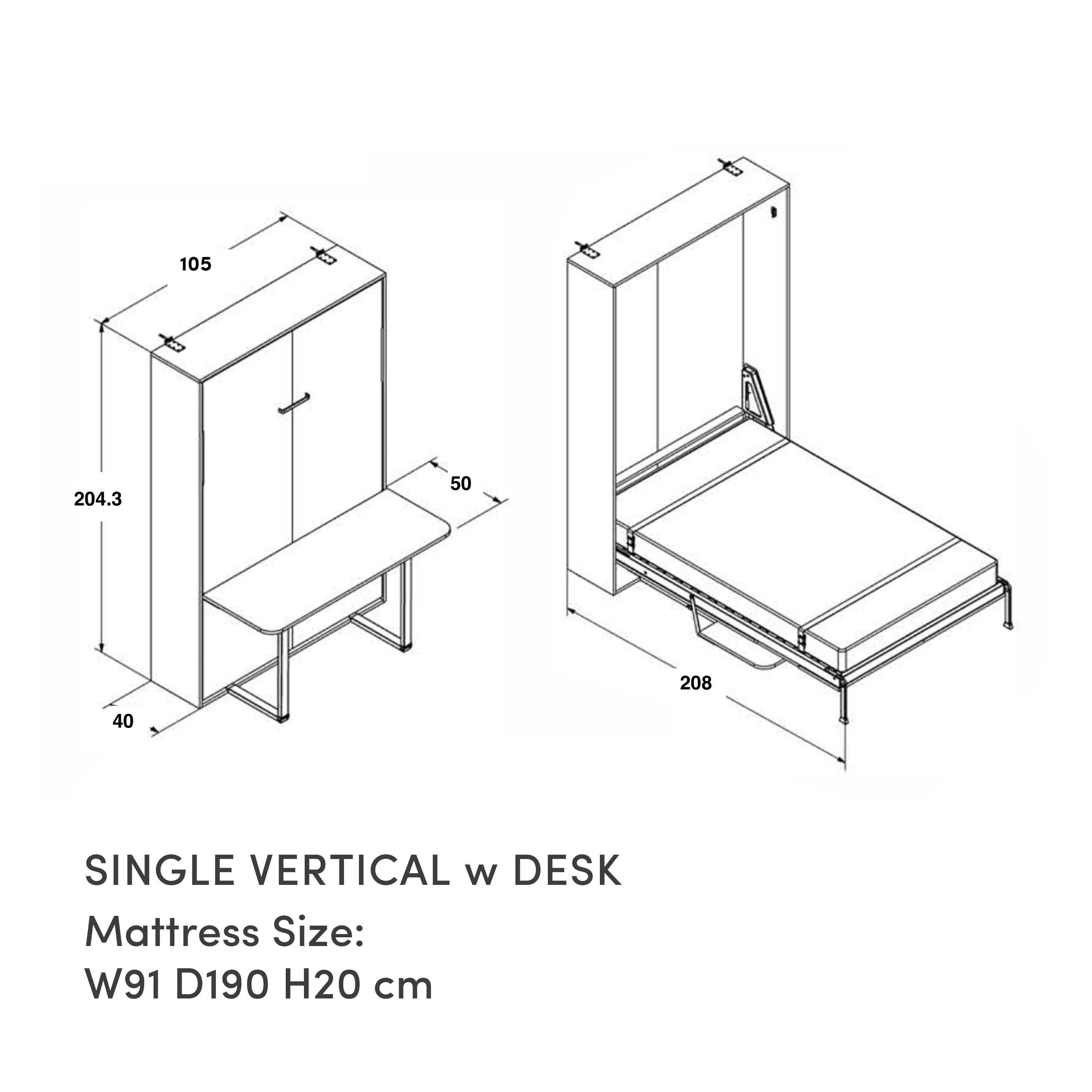 Llyod Single Vertical Wall Bed with Desk - Oak - 16