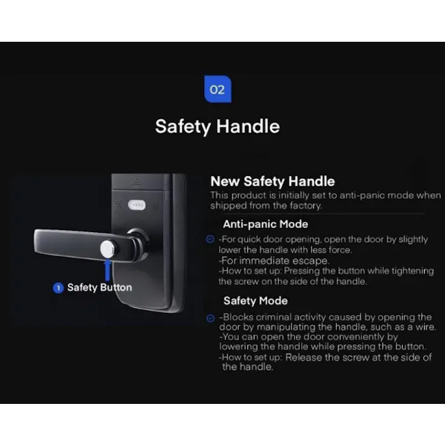 Solity Lever Handle Door LockGM-6000BKF - Black - 8 - Safety Button, Anti-panic Mode, Immediate Escape, Screw on Handle