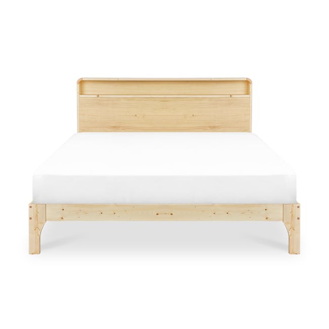 Aiko Queen Bed with Innis Side Table in White - 4 - Wooden bed frame, minimalist design, natural wood finish, light wood