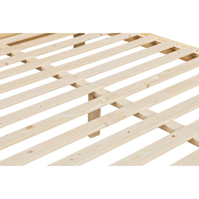 Aiko Queen Bed with Innis Side Table in White - 8 - Light wooden slats, unfinished wooden beams, construction site, wooden