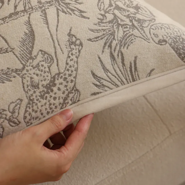 Tropical Safari Jacquard Cushion - Grey - 3 - Leather cushion, fabric texture, intricate design, beige upholstery, hand
