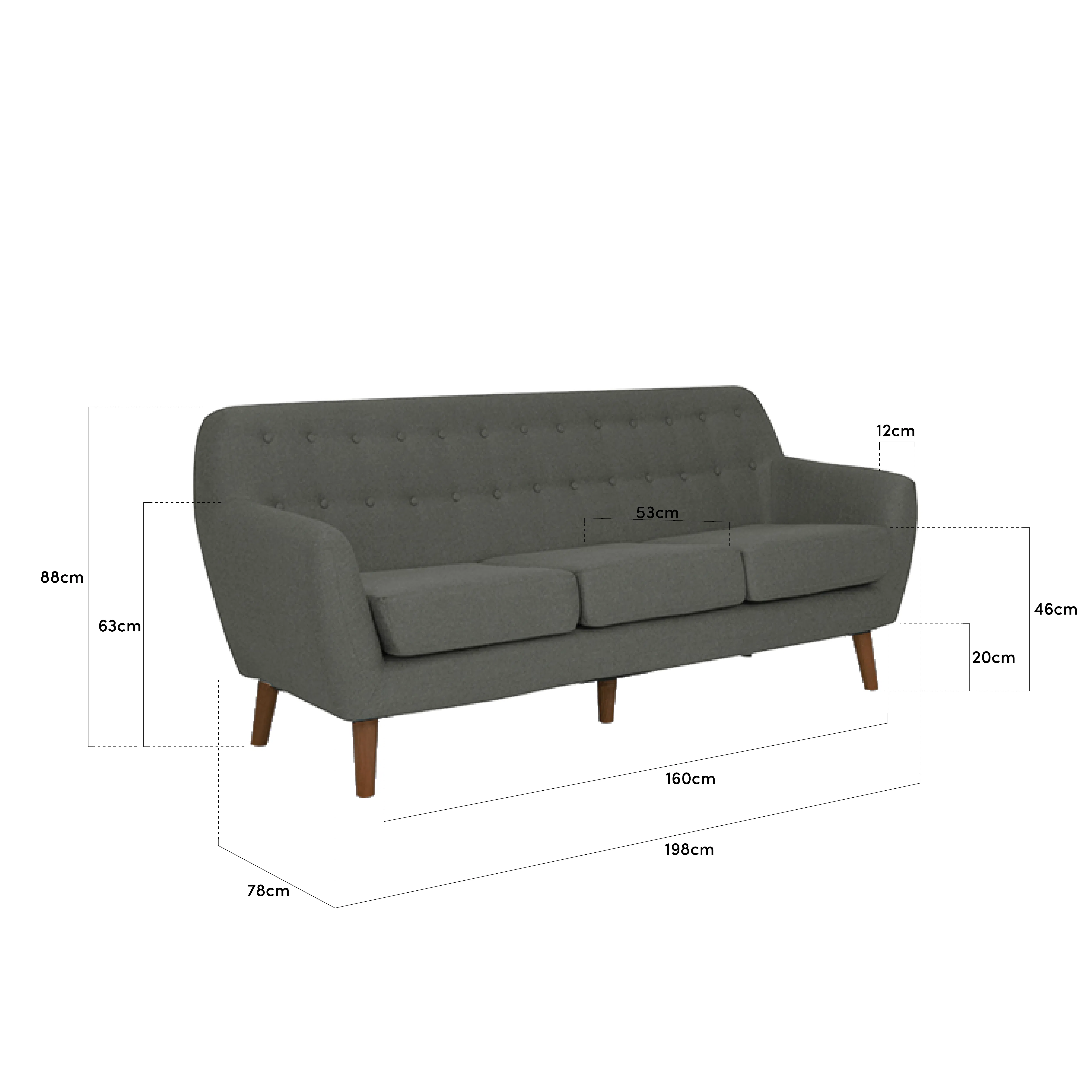 Emma 3 Seater Sofa with Emma Armchair - Sand - 11 - Grey upholstered sofa, 53 cm seat cushion, 46 cm back cushion, 12 cm