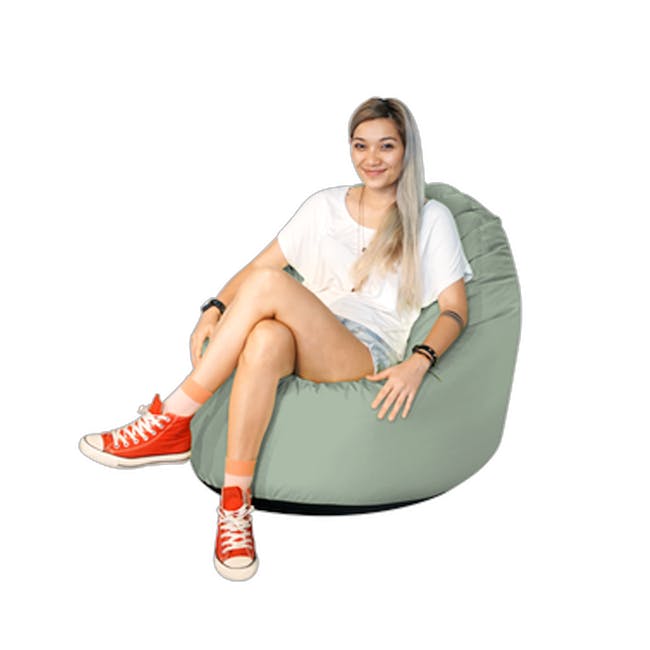 Doob Oomph Water-Repellent Bean Bag Chair - Sage Green (2 Sizes) - 3 - woman sitting on bean bag chair, casual outfit, white