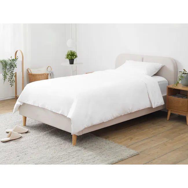 Nolan Super Single Bed - Oatmeal - 2 - White minimalist bedroom, modern decor, cozy atmosphere, wooden furniture, white