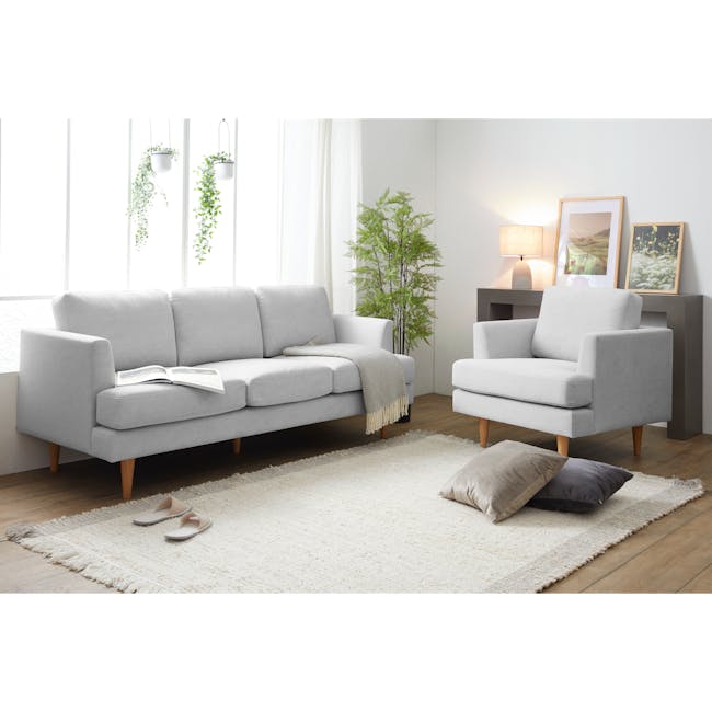 Soma 3 Seater Sofa with Soma Armchair - Silver (Scratch Resistant) - 2 - Light gray sofa, white curtains, indoor plants