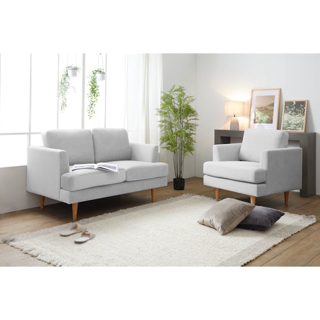 Soma 3 Seater Sofa with Soma Armchair - Silver (Scratch Resistant) - 3 - Light gray sofa, white curtains, indoor plants