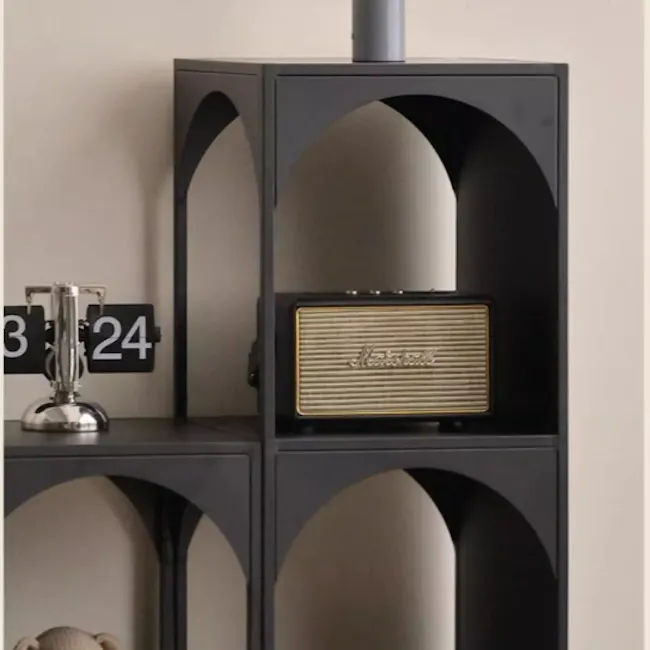 Novi Arch 2-Tier Storage Shelf - Black - 4 - Black, modern shelving unit with arched openings, Vintage-style amplifier on a