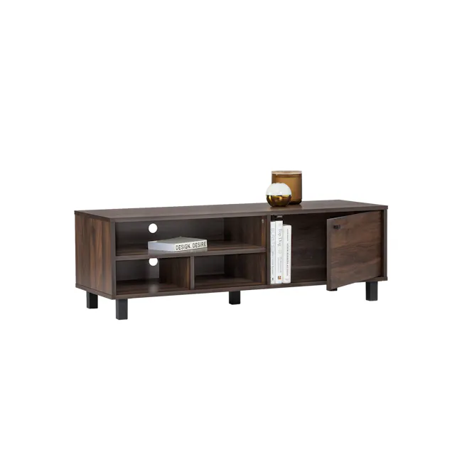 Ariane TV Console 1.1m - 2 - Wooden TV stand, minimalist design, dark wood finish, open shelves, decorative items, books