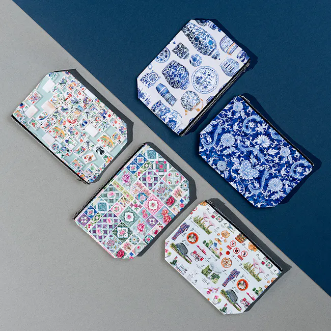 Singlapa Mahjong Pouch - 5 - Four stylish notebooks with vibrant blue and white patterns, Decorative notebooks featuring