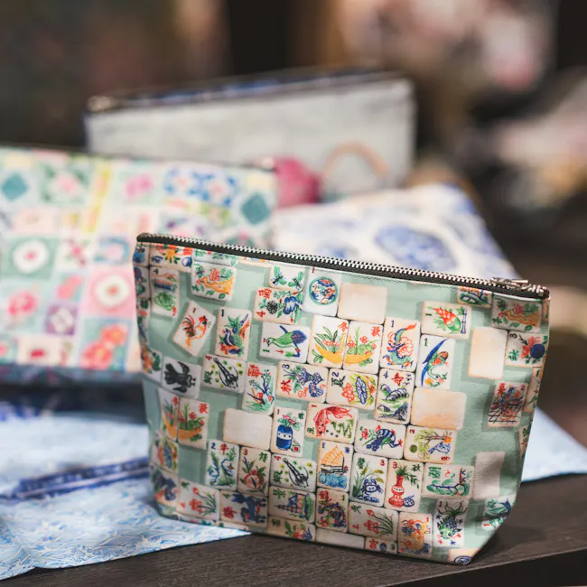 Singlapa Mahjong Pouch - 2 - Vibrant, colorful Japanese-themed pouch with various playing card illustrations, Handcrafted