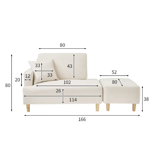 Genevieve 2 Seater Chaise Sofa with Ottoman - Ivory (Pet Friendly) - 8 - Sofa with cushion dimensions, Sofa frame