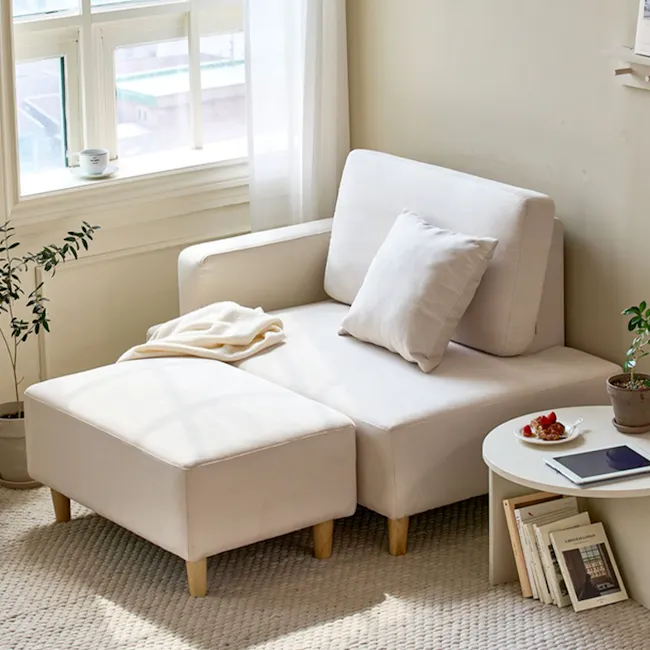 Genevieve 2 Seater Chaise Sofa with Ottoman - Ivory (Pet Friendly) - 7 - Cream-colored, modern sofa, minimalist decor, soft