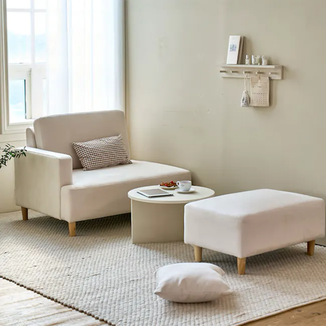 Genevieve 2 Seater Chaise Sofa with Ottoman - Ivory (Pet Friendly) - 9 - Cream-colored sofa, minimalist decor, cozy seating
