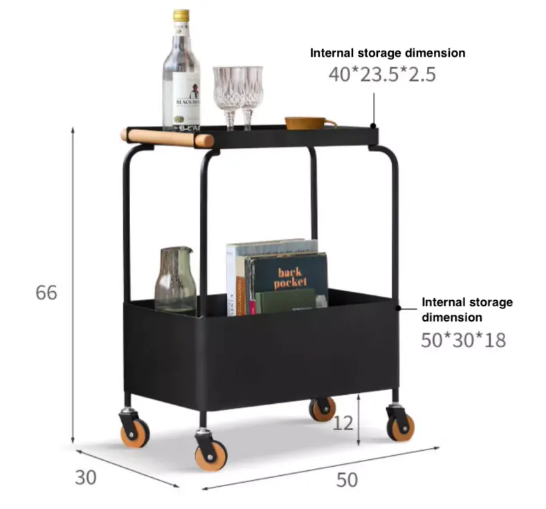 Matthias Trolley - White - 12 - black rolling cart, 40*5*5 storage cart, 50*30*18 storage cart, 30*50*66 dimensions, 12