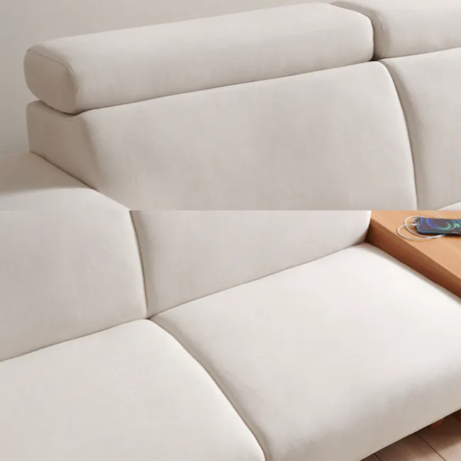 Melysa 3 Seater Left Arm Chaise Sofa with Adjustable Headrest - Ivory (Eco Clean Fabric) - 10 - Cream-colored, modern