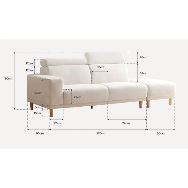 Melysa 3 Seater Left Arm Chaise Sofa with Adjustable Headrest - Ivory (Eco Clean Fabric) - 22 - White upholstered sofa with