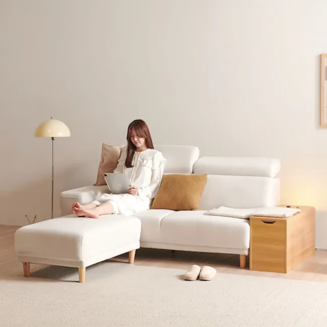 Melysa 3 Seater Left Arm Chaise Sofa with Adjustable Headrest - Ivory (Eco Clean Fabric) - 3 - White sofa, minimalist decor