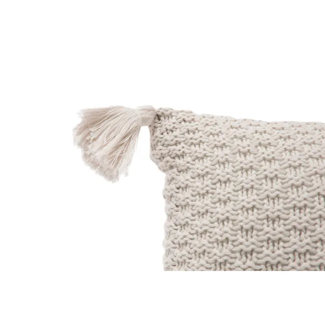 Laura Knitted Cushion - Cream - 2 - Cream knitted throw blanket, soft texture, fluffy pom-pom, intricate pattern, cozy