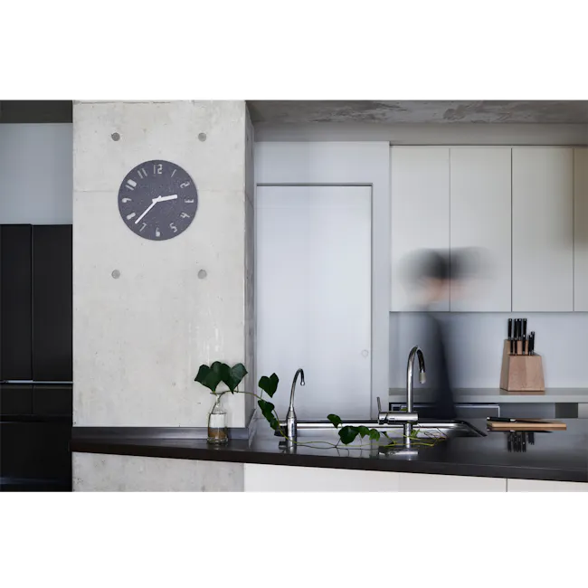 PANECO CLOCK - SAND Dark Gray - 3 - Modern kitchen, minimalist design, concrete wall, black cabinets, stainless steel sink