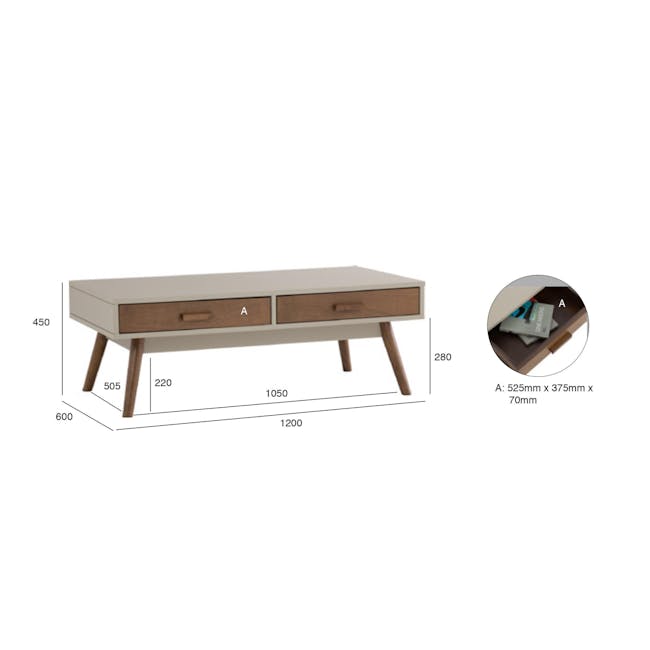 (As-is) Brexley Coffee Table - 16 - Table with dimensions, wooden drawer unit, 280 mm height, 525 mm width, 375 mm depth, 70