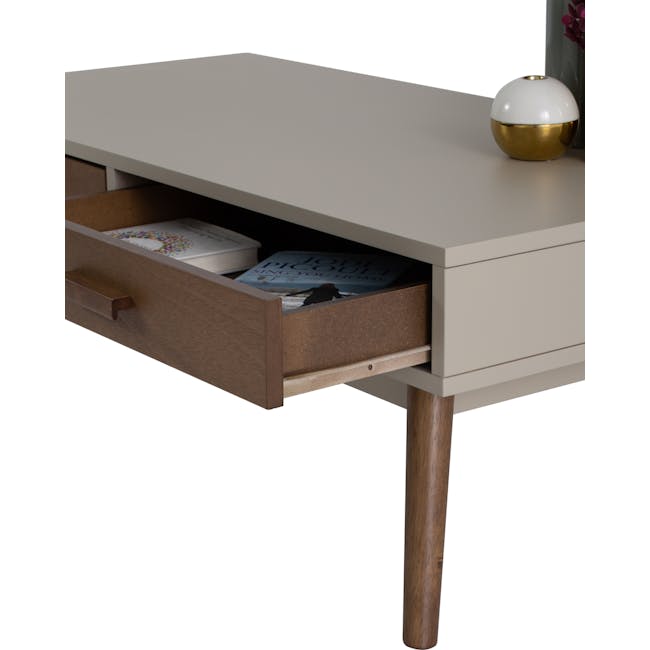 (As-is) Brexley Coffee Table - 19 - modern wooden desk, minimalist drawer, brown wooden legs, open drawer, decorative vase