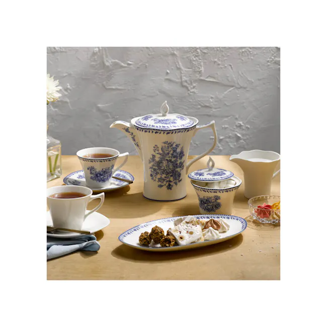 Luzerne Lancaster Garden Sugar Pot - Pink - 5 - Blue and white porcelain teapot, tea cups, saucers, and plates, white and