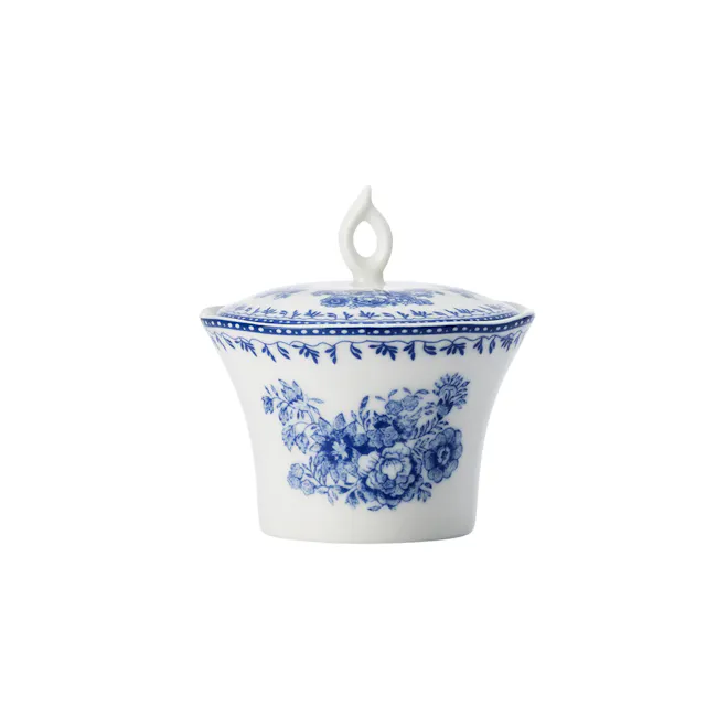 Luzerne Lancaster Garden Sugar Pot - Pink - 3 - White ceramic dish with blue floral patterns, elegant blue and white design