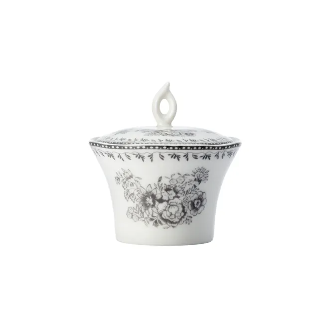 Luzerne Lancaster Garden Sugar Pot - Pink - 2 - White ceramic dish with intricate floral designs, elegant black and white
