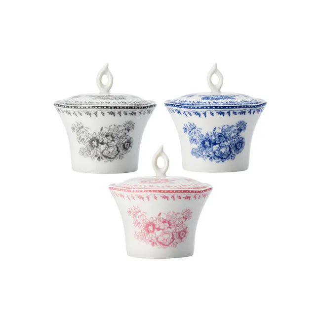Luzerne Lancaster Garden Sugar Pot - Pink - 4 - White porcelain dish with floral designs, blue and red floral patterns