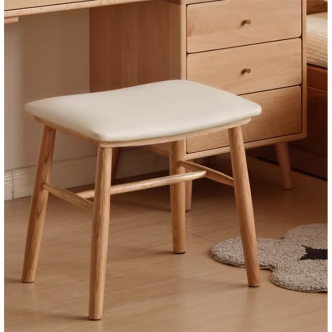 Xena Stool - Oak, Cream (Faux Leather) - 5 - Wooden stool with white cushion, light wooden legs, minimalist design, natural