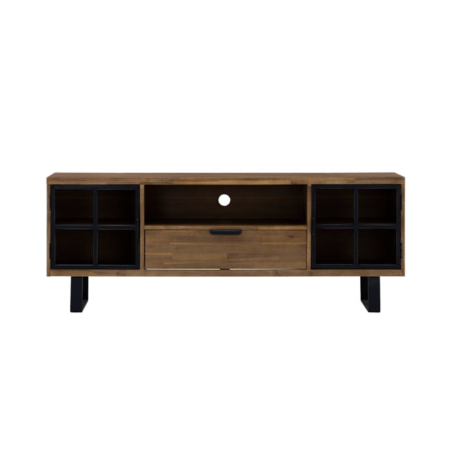 Dakota TV Console 1.8m - 6 - Wooden TV cabinet with black shelves, minimalist design, open shelving, dark wood finish, black