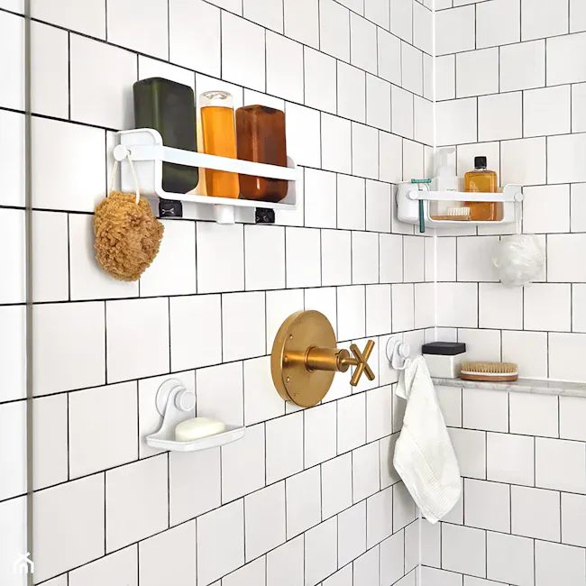 Flex Gel-Lock Soap Dish - White - 8 - White tiled bathroom wall, modern design, white square tiles, gold fixtures, soap